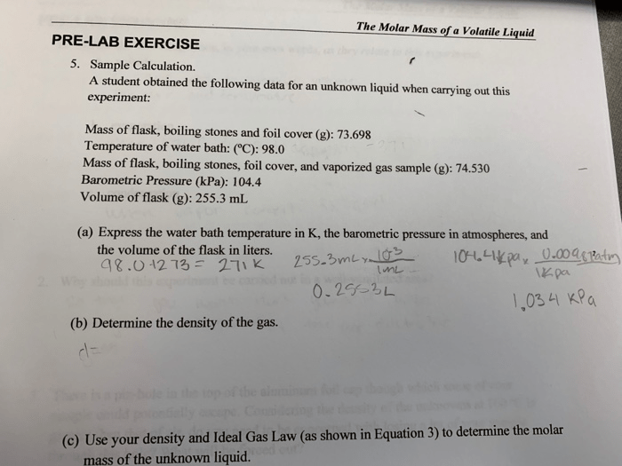 Molar mass of a volatile liquid lab report