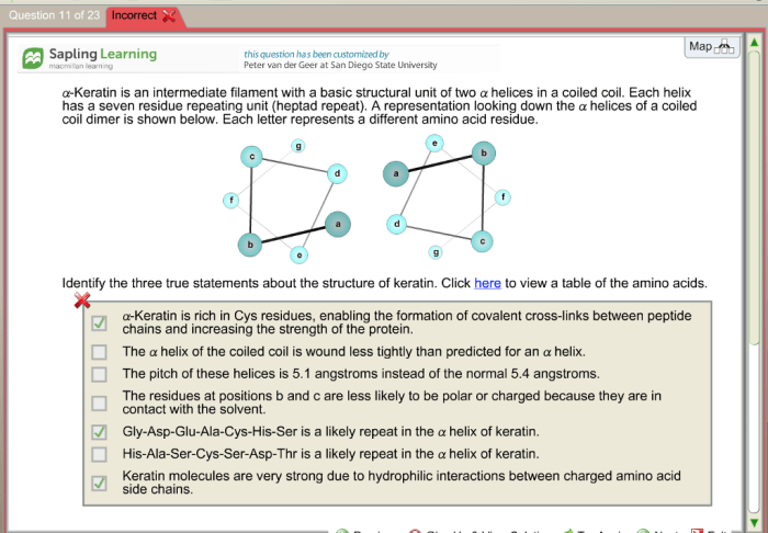 Identify the three true statements about the structure of keratin